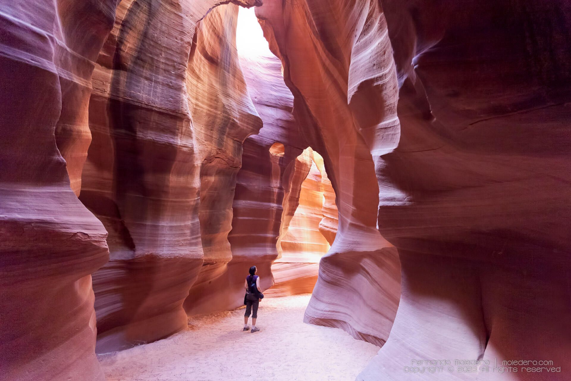 Visitor standing inside Antelope Canyon in Arizona, USA, surrounded by tall curved sandstone walls glowing with shades of red, orange, and purple under soft natural light