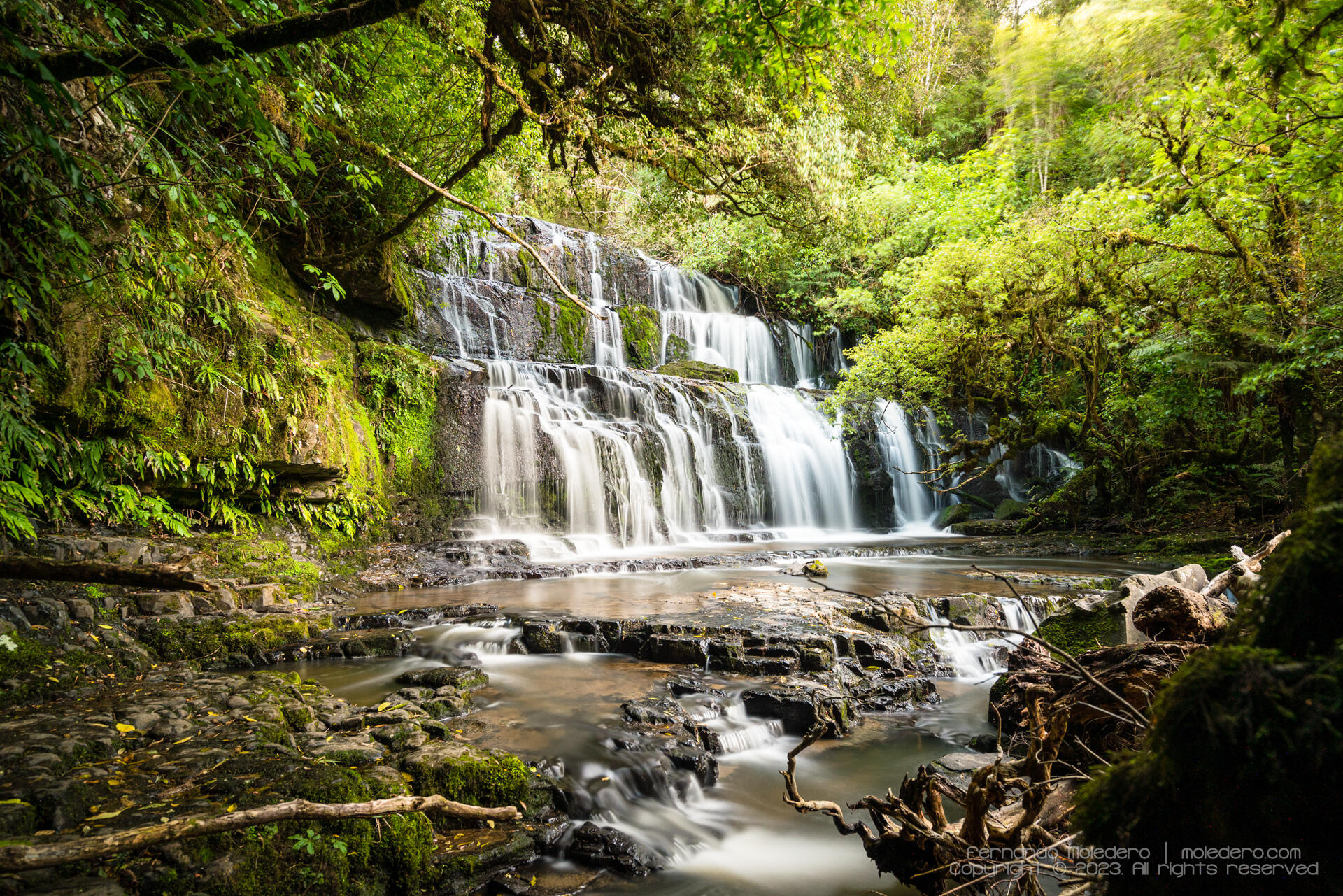 Long exposure photograph of Purakaunui Falls in The Catlins, South Island, New Zealand, showing cascading water over three tiers surrounded by dense green native forest and moss-covered rocks